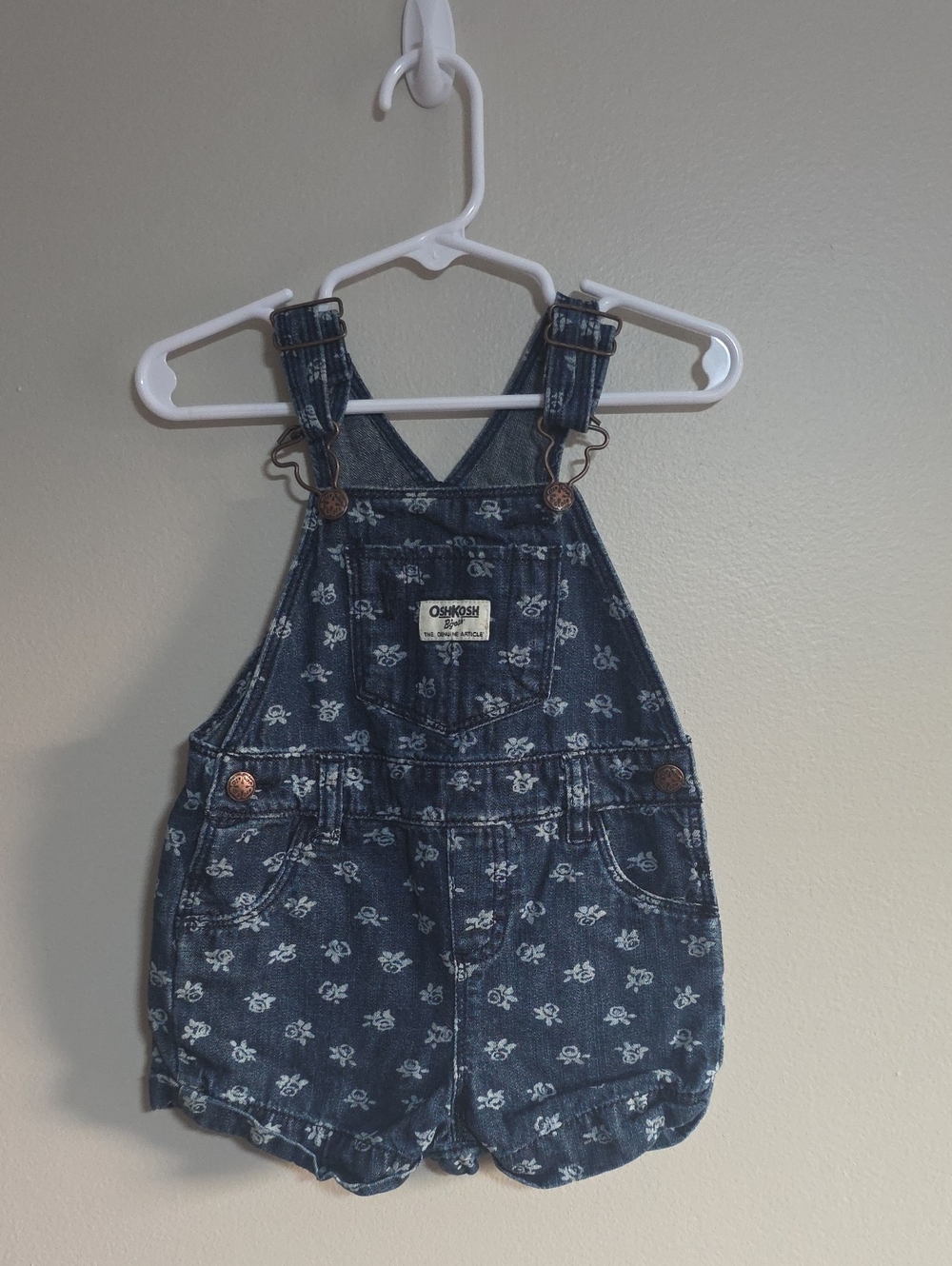 OshKosh B'gosh Indigo Floral Denim Short Overalls with White Print